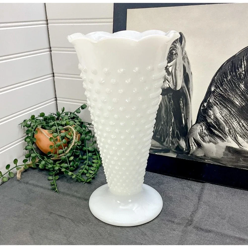 Vintage Anchor Hocking Hobnail Milk Glass Vase - Pedestal Planter